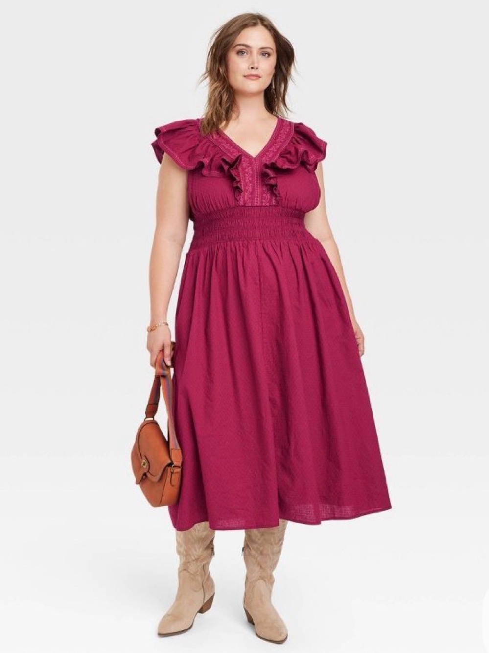 Women's Flutter Sleeveless Embroidered Dress burgundy country coastal western XL